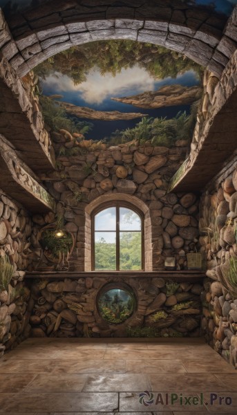 outdoors,sky,day,cloud,indoors,water,tree,no humans,window,plant,scenery,rock,stairs,fantasy,ruins,bridge,arch,moss,overgrown,mushroom,stone,round window