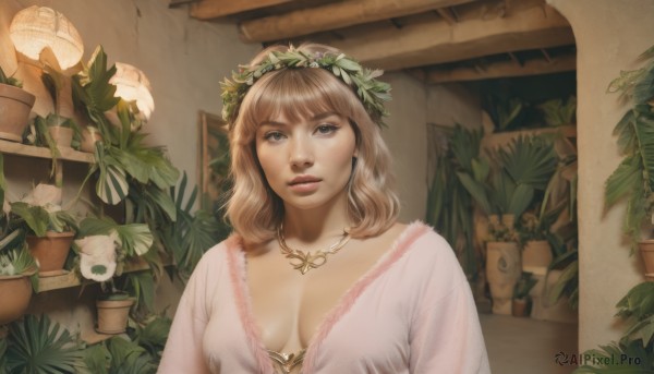 1girl,solo,breasts,looking at viewer,short hair,bangs,blonde hair,brown hair,cleavage,brown eyes,jewelry,medium breasts,upper body,flower,earrings,indoors,necklace,lips,plant,realistic,nose,potted plant,head wreath,blue eyes,dress,medium hair