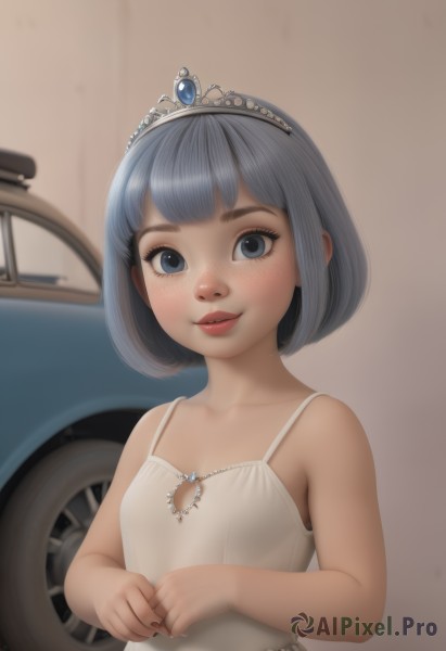 1girl,solo,looking at viewer,blush,smile,short hair,bangs,blue eyes,dress,bare shoulders,jewelry,closed mouth,collarbone,upper body,grey hair,small breasts,sleeveless,artist name,blunt bangs,nail polish,white dress,blurry,flat chest,lips,grey eyes,bare arms,eyelashes,sleeveless dress,blurry background,bob cut,own hands together,tiara,ground vehicle,child,motor vehicle,freckles,female child,breasts,parted lips,signature,watermark,gem,web address,realistic,car,deviantart username