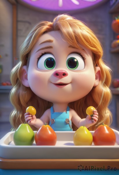 1girl,solo,long hair,looking at viewer,smile,blonde hair,holding,green eyes,upper body,food,sleeveless,indoors,nail polish,blurry,flat chest,lips,fruit,blurry background,blue dress,child,freckles,curly hair,female child,overalls,open mouth,brown hair,parted lips,chibi,apron,wavy hair,orange (fruit),blue apron,naked overalls