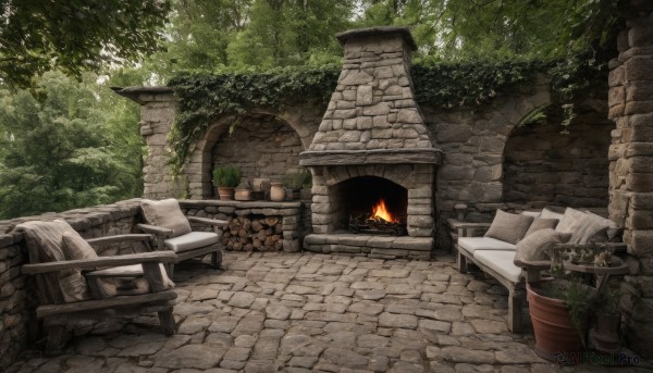 outdoors,day,tree,book,no humans,grass,fire,plant,nature,scenery,forest,stairs,bush,path,stone floor,log,stone wall,fireplace,campfire,wood,brick,chair,table,potted plant,stone stairs