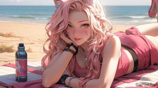 ahri (league of legends),1girl,solo,long hair,breasts,looking at viewer,smile,skirt,blonde hair,shirt,animal ears,cleavage,bare shoulders,brown eyes,jewelry,medium breasts,swimsuit,pink hair,braid,bikini,outdoors,lying,parted lips,day,midriff,water,necklace,high heels,bracelet,lips,animal ear fluff,grey eyes,fox ears,ocean,facial mark,beach,sandals,bottle,on stomach,towel,fox girl,wristband,pink skirt,watch,head rest,sand,whisker markings,water bottle,feet up,the pose,coca-cola,avatar (ff14),ass,multicolored hair,sky,shorts,sleeveless,cat ears,crop top,arm support,wavy hair,tank top,pink footwear,horizon,wristwatch,miqo'te