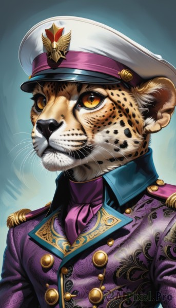 solo,simple background,1boy,hat,closed mouth,jacket,yellow eyes,upper body,male focus,uniform,orange eyes,gradient,military,gradient background,no humans,military uniform,buttons,animal,white headwear,blue background,peaked cap,furry,epaulettes,military hat,double-breasted,purple jacket,animal focus,whiskers,purple necktie,tiger,medal,clothed animal,1girl,looking at viewer,long sleeves,animal ears,brown eyes,necktie,ascot,watermark,collared jacket,pink ascot,purple ascot