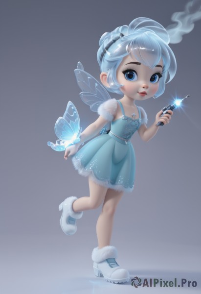 1girl,solo,looking at viewer,smile,short hair,blue eyes,dress,holding,blue hair,standing,full body,hairband,boots,wings,lips,see-through,blue dress,standing on one leg,bug,butterfly,child,smoke,wand,fairy wings,fairy,holding wand,butterfly wings,ice skates,artist name,fur trim,makeup,watermark,web address,ice,ankle boots,snowflakes