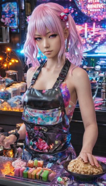 1girl,solo,long hair,breasts,looking at viewer,bangs,hair ornament,holding,bare shoulders,twintails,jewelry,purple eyes,collarbone,pink hair,earrings,small breasts,parted lips,food,indoors,nail polish,blurry,apron,bracelet,lips,floral print,hair bobbles,wristband,pink nails,bowl,realistic,overalls,blue eyes,cleavage,medium breasts,upper body,artist name,blurry background,watermark,web address,naked apron,naked overalls