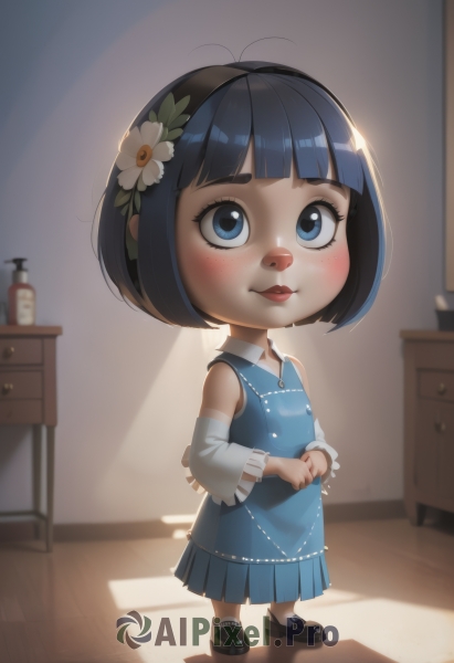 1girl,solo,blush,smile,short hair,bangs,blue eyes,shirt,black hair,hair ornament,long sleeves,dress,bare shoulders,jewelry,closed mouth,blue hair,standing,full body,white shirt,flower,hairband,detached sleeves,shoes,sleeveless,socks,artist name,indoors,signature,hair flower,blunt bangs,necklace,black footwear,lips,blue skirt,sleeveless dress,blue dress,shadow,own hands together,aged down,looking up,white flower,frilled sleeves,child,freckles,white sleeves,female child,looking at viewer,bob cut,realistic