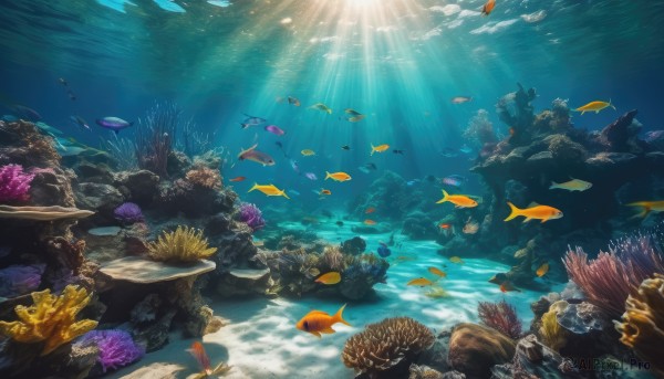 water,no humans,ocean,animal,sunlight,scenery,fish,bubble,light rays,rock,underwater,air bubble,sunbeam,turtle,coral,swimming,caustics,clownfish