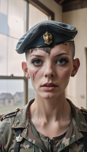 1girl,solo,looking at viewer,short hair,black hair,hat,jewelry,jacket,upper body,grey hair,earrings,parted lips,teeth,mole,blurry,uniform,black eyes,lips,grey eyes,military,blood,military uniform,blurry background,beret,scar,piercing,ear piercing,portrait,scar on face,zipper,military hat,realistic,stud earrings,very short hair,undercut,camouflage,military jacket,camouflage jacket,blue eyes,shirt,collarbone,window,tattoo,freckles,injury,blood on face,leather,leather jacket,world war ii,soldier