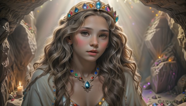 1girl,solo,long hair,breasts,looking at viewer,blush,brown hair,dress,cleavage,brown eyes,jewelry,collarbone,upper body,earrings,parted lips,teeth,solo focus,artist name,necklace,blurry,lips,grey eyes,wavy hair,sunlight,tiara,crown,gem,pendant,freckles,curly hair,light rays,crystal,realistic,fantasy,candle,pearl necklace,cave,blonde hair,medium breasts,rock