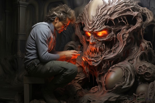 short hair,open mouth,shirt,black hair,long sleeves,1boy,holding,sitting,male focus,shoes,glasses,teeth,belt,pants,indoors,from side,blood,profile,glowing,chair,blue shirt,sharp teeth,glowing eyes,smoke,monster,cigarette,holding cigarette,horror (theme),solo,vest,skull,realistic