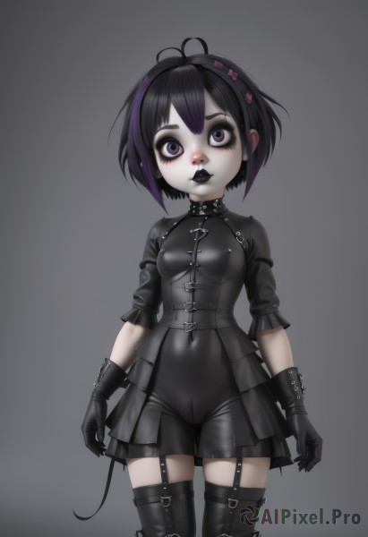 1girl,solo,breasts,looking at viewer,short hair,bangs,simple background,black hair,hair ornament,thighhighs,gloves,dress,standing,purple eyes,purple hair,ahoge,short sleeves,multicolored hair,cowboy shot,small breasts,boots,black gloves,black thighhighs,grey background,black footwear,black eyes,black dress,collar,two-tone hair,streaked hair,gradient,gradient background,makeup,cameltoe,colored skin,thigh boots,garter straps,antenna hair,lipstick,pale skin,skin tight,corset,eyeshadow,shiny clothes,latex,showgirl skirt,gothic,black lips,black theme,skirt,frills,pussy,choker,artist name,black skirt,see-through,covered navel,piercing,cross,lolita fashion,gothic lolita,eyeliner,leather,harness,mascara