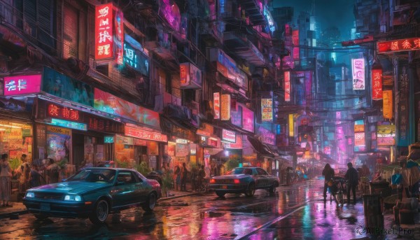 multiple girls, outdoors, multiple boys, sky, dutch angle, night, ground vehicle, building, scenery, motor vehicle, reflection, science fiction, 6+boys, city, sign, car, road, cityscape, lamppost, street, skyscraper, city lights, cyberpunk, neon lights