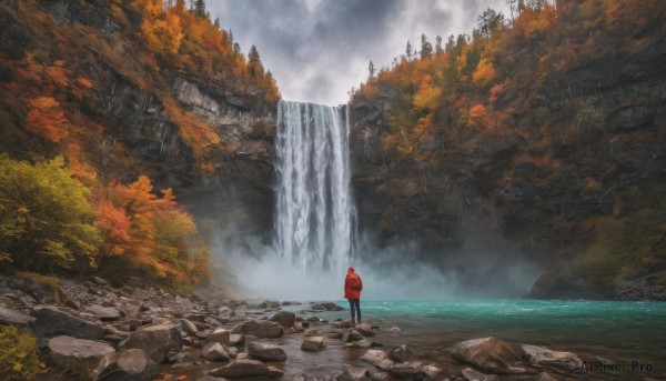 solo, standing, outdoors, sky, cloud, hood, water, from behind, tree, cloudy sky, nature, scenery, rock, river, waterfall, landscape, ambiguous gender