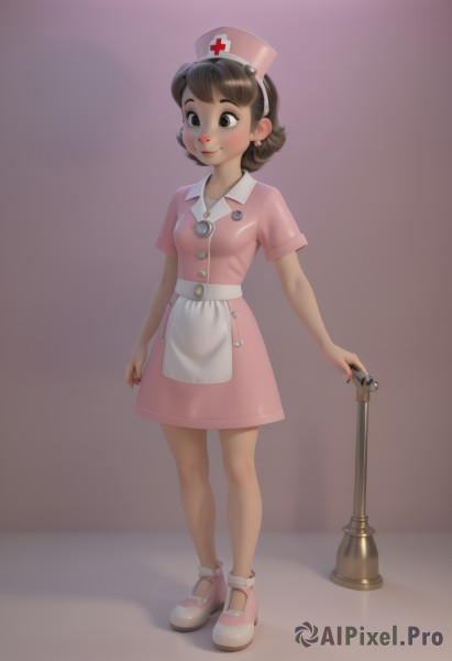 1girl,solo,breasts,blush,smile,short hair,bangs,brown hair,hat,dress,holding,brown eyes,closed mouth,standing,full body,short sleeves,small breasts,shoes,black eyes,apron,lips,buttons,pink dress,white apron,nurse cap,pink footwear,nurse,stethoscope,jewelry,hairband,earrings,nail polish