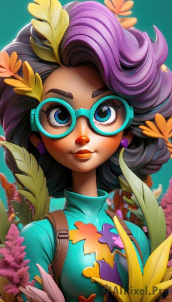 1girl,solo,long hair,breasts,looking at viewer,smile,blue eyes,shirt,black hair,hair ornament,jewelry,closed mouth,upper body,purple hair,flower,multicolored hair,earrings,glasses,artist name,dark skin,two-tone hair,dark-skinned female,lips,gradient,eyelashes,makeup,turtleneck,leaf,watermark,thick eyebrows,feathers,blue shirt,plant,lipstick,web address,eyeshadow,curly hair,pink lips,yellow flower,round eyewear,aqua shirt,blue background,aqua background,blue-framed eyewear