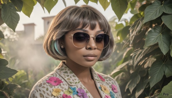 1girl,solo,looking at viewer,smile,short hair,bangs,brown hair,shirt,brown eyes,jewelry,closed mouth,upper body,flower,earrings,outdoors,glasses,day,blurry,lips,makeup,depth of field,blurry background,leaf,floral print,sunlight,sunglasses,bob cut,plant,portrait,realistic,nose,round eyewear,print shirt,dappled sunlight,black hair,green eyes,eyelashes,aviator sunglasses