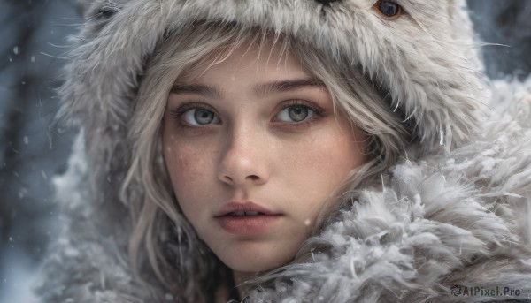 1girl, solo, looking at viewer, blonde hair, parted lips, hood, blurry, lips, grey eyes, fur trim, eyelashes, portrait, snow, close-up, freckles, snowing, realistic, nose