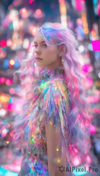 1girl,solo,long hair,blush,hair ornament,dress,jewelry,closed mouth,upper body,pink hair,multicolored hair,earrings,artist name,blurry,from side,lips,see-through,depth of field,blurry background,wavy hair,looking up,gem,realistic,nose,arms at sides,bokeh,breasts,looking at viewer,very long hair,blue hair,white hair,sleeveless,necklace,eyelashes,gradient hair,profile,sleeveless dress,expressionless,piercing,ear piercing,lens flare,freckles,colorful