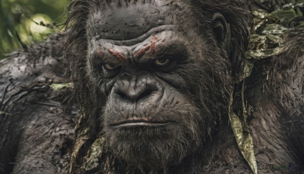 solo,looking at viewer,1boy,weapon,male focus,teeth,armor,blurry,tree,blood,facial hair,portrait,beard,furry,close-up,realistic,furry male,outdoors,sky,night,moon,nature,full moon,monkey