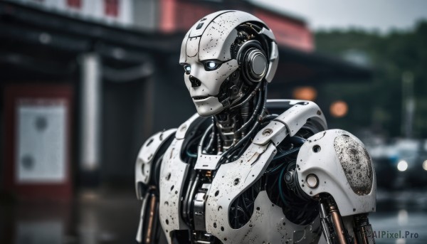 solo,blue eyes,1boy,upper body,male focus,outdoors,blurry,no humans,depth of field,blurry background,robot,building,mecha,1other,science fiction,realistic,android,cyborg,looking ahead,robot joints,cyberpunk,humanoid robot,glowing,portrait,joints,damaged,mechanical parts