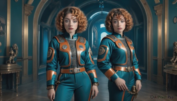 1girl,looking at viewer,short hair,blue eyes,multiple girls,blonde hair,brown hair,long sleeves,2girls,closed mouth,standing,cowboy shot,belt,pants,indoors,uniform,lips,reflection,curly hair,realistic,statue,comparison,smile,brown eyes,siblings,parody,science fiction,jumpsuit,fine art parody,symmetry