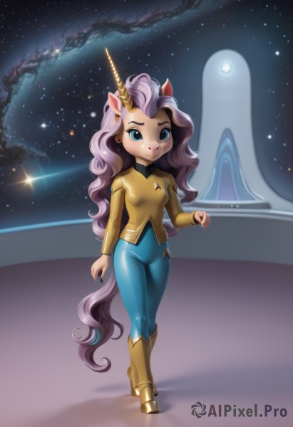 1girl,solo,long hair,breasts,looking at viewer,smile,blue eyes,shirt,long sleeves,animal ears,jewelry,very long hair,closed mouth,standing,tail,full body,purple hair,earrings,small breasts,boots,horns,sky,pants,artist name,bodysuit,makeup,night,moon,crossed legs,horse ears,horse girl,star (sky),night sky,single horn,horse tail,personification,starry sky,walking,space,watson cross,pink hair,multicolored hair,nail polish,high heels,black nails,furry,high heel boots,curly hair,yellow shirt,furry female,blue pants,deer ears,yellow bodysuit,unicorn