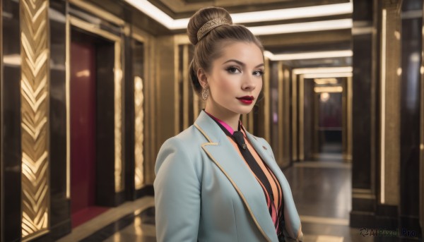 1girl,solo,looking at viewer,smile,brown hair,shirt,brown eyes,jewelry,jacket,upper body,earrings,necktie,collared shirt,indoors,hair bun,blurry,lips,makeup,blurry background,formal,single hair bun,suit,lipstick,black necktie,forehead,pink shirt,red lips,breasts,medium breasts,parted lips,open clothes,teeth,dark skin,dark-skinned female,blazer,blue jacket,red shirt,realistic,nose