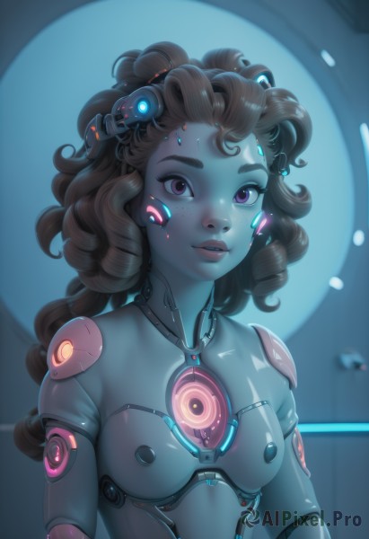 1girl,solo,long hair,breasts,looking at viewer,brown hair,medium breasts,purple eyes,upper body,small breasts,parted lips,lips,bodysuit,glowing,colored skin,headgear,drill hair,skin tight,freckles,science fiction,curly hair,nose,cyborg,neon trim,black hair,dark skin,dark-skinned female,messy hair,backlighting,very dark skin,cyberpunk