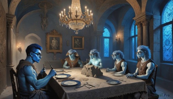 smile,holding,jewelry,sitting,blue hair,weapon,male focus,food,multiple boys,glasses,sleeveless,indoors,vest,cup,window,muscular,colored skin,facial hair,chair,table,fire,knife,plate,6+boys,4boys,topless male,blue theme,spoon,fantasy,blue skin,fork,holding knife,candle,dagger,painting (object),candlestand,chandelier,wooden table,short hair,shirt,black hair,gloves,bare shoulders,closed mouth,white hair,pants,hood,necklace,armor,looking at another,from side,bare arms,sleeveless shirt,mask,night,tank top,muscular male,beard,paper,5boys,hair slicked back,pillar