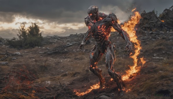 solo,red eyes,1boy,holding,standing,weapon,male focus,outdoors,sky,cloud,holding weapon,tree,no humans,glowing,cloudy sky,fire,knife,robot,mecha,glowing eyes,smoke,science fiction,monster,burning,arm blade,sword,armor,gun,helmet,ground vehicle,military vehicle,ruins