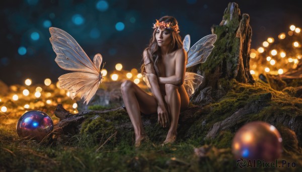 1girl,solo,long hair,breasts,brown hair,black hair,sitting,flower,nude,outdoors,wings,barefoot,blurry,tree,depth of field,grass,bug,butterfly,nature,forest,realistic,fairy wings,fairy,head wreath,mushroom,bokeh,moss,blonde hair,medium breasts,collarbone,lips,night,blurry background,covering,scenery,nose,fantasy,dark,orb,fireflies