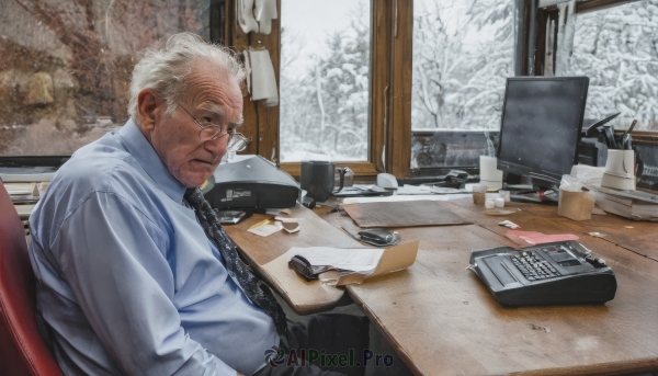 solo,short hair,shirt,long sleeves,1boy,sitting,closed mouth,white shirt,upper body,white hair,male focus,necktie,glasses,collared shirt,indoors,tree,cup,window,facial hair,chair,table,black necktie,beard,snow,desk,snowing,paper,realistic,round eyewear,pen,computer,old,monitor,old man,keyboard (computer),mouse (computer),office,looking at viewer,holding,weapon,grey hair,pants,from side,gun,dress shirt,phone,black pants,cellphone,smartphone,handgun,watch,mug,glass,lamp,bare tree,laptop,coffee mug,tissue box,drawing tablet,radio