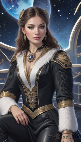 1girl,solo,long hair,breasts,looking at viewer,brown hair,hair ornament,long sleeves,dress,cleavage,brown eyes,jewelry,medium breasts,sitting,earrings,parted lips,sky,choker,pants,artist name,necklace,bracelet,lips,fur trim,makeup,night,watermark,black pants,moon,lipstick,gem,star (sky),full moon,pendant,starry sky,gold trim,realistic,nose,red lips,space,planet,earth (planet),forehead