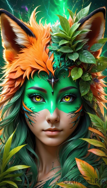 1girl,solo,long hair,looking at viewer,smile,hair ornament,animal ears,closed mouth,yellow eyes,green hair,artist name,cat ears,orange hair,lips,animal ear fluff,fox ears,eyelashes,makeup,glowing,leaf,watermark,facial mark,plant,slit pupils,portrait,nose,electricity,facepaint,green eyes,web address,close-up,green skin