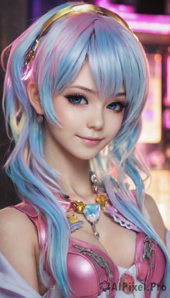 1girl,solo,long hair,breasts,looking at viewer,smile,bangs,blue eyes,cleavage,bare shoulders,jewelry,medium breasts,closed mouth,blue hair,upper body,pink hair,multicolored hair,hairband,earrings,necklace,blurry,lips,eyelashes,makeup,blurry background,gem,pendant,realistic,nose,small breasts,artist name