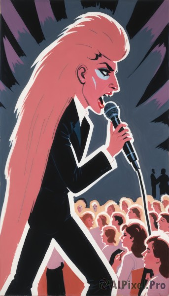 1girl,long hair,open mouth,multiple girls,blonde hair,shirt,holding,very long hair,jacket,necktie,teeth,solo focus,pants,from side,profile,makeup,colored skin,black pants,formal,suit,lipstick,microphone,black necktie,music,silhouette,holding microphone,singing,microphone stand,crowd,pink skin,people,concert,standing,signature,lips,eyeshadow,nose,big hair,pant suit,black lips,audience