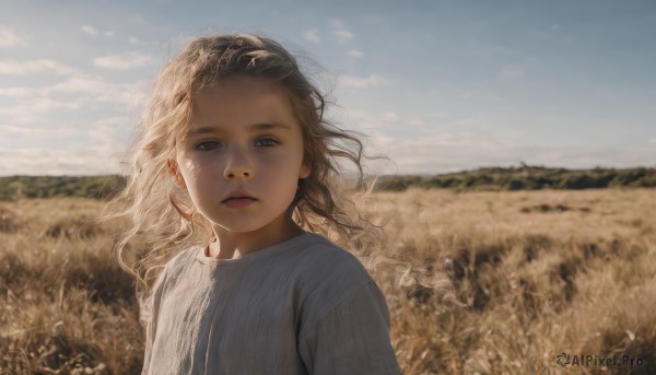 1girl,solo,long hair,looking at viewer,brown hair,shirt,brown eyes,closed mouth,white shirt,upper body,outdoors,sky,day,cloud,blurry,blue sky,lips,grey eyes,depth of field,blurry background,expressionless,wind,grey shirt,striped shirt,realistic,field,blue eyes,parted lips,floating hair,sunlight,blue shirt,child,portrait