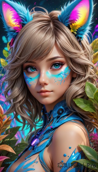 1girl,solo,long hair,breasts,looking at viewer,bangs,blue eyes,blonde hair,brown hair,hair ornament,animal ears,bare shoulders,jewelry,medium breasts,closed mouth,green eyes,upper body,flower,artist name,cat ears,hair flower,from side,aqua eyes,lips,animal ear fluff,fox ears,eyelashes,sideboob,makeup,swept bangs,leaf,watermark,facial mark,plant,portrait,eyeshadow,freckles,pink lips,nose,eyeliner,facepaint,mascara,cleavage,wavy hair,bodypaint,paint splatter