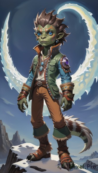 solo,looking at viewer,blue eyes,brown hair,1boy,jewelry,standing,jacket,tail,full body,male focus,earrings,boots,sky,pointy ears,pants,necklace,vest,colored skin,facial mark,claws,snow,mountain,green skin,monster boy,outdoors,belt,tattoo,spiked hair,brown pants,facial tattoo