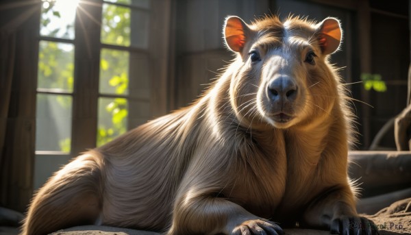 HQ,looking at viewer,lying,day,indoors,blurry,black eyes,no humans,window,bed,depth of field,blurry background,animal,sunlight,cat,plant,curtains,realistic,animal focus,mouse,whiskers,solo,blue eyes,on stomach