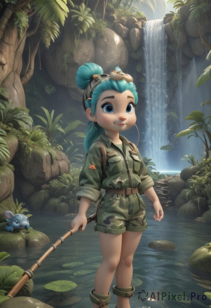 1girl,solo,long hair,looking at viewer,smile,blue eyes,shirt,holding,closed mouth,blue hair,standing,jacket,weapon,boots,outdoors,shorts,barefoot,belt,water,hair bun,uniform,tree,military,aqua hair,military uniform,animal,single hair bun,thick eyebrows,plant,goggles,child,nature,wading,sleeves rolled up,forest,fish,pocket,goggles on head,rock,green shirt,anklet,breast pocket,camouflage,green shorts,mouse,river,waterfall,fishing rod,lily pad,turtle,stream,camouflage jacket,kappa,hair ornament,jewelry,full body,ponytail,green hair,day,lips,leaf,sandals,frog,topknot,jumpsuit,moss,pond