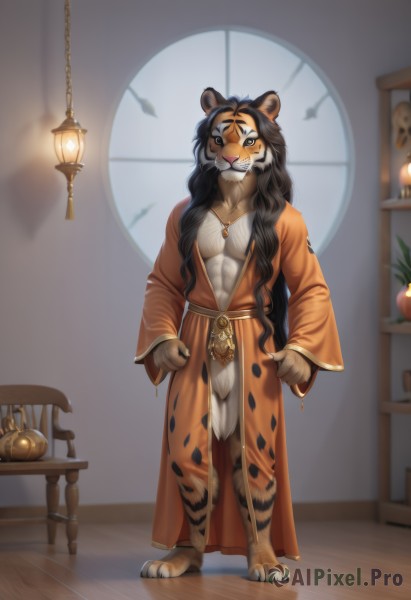 solo,long hair,looking at viewer,smile,black hair,long sleeves,1boy,animal ears,jewelry,very long hair,standing,collarbone,tail,full body,male focus,food,open clothes,barefoot,belt,artist name,indoors,wide sleeves,necklace,blurry,black eyes,grey eyes,window,muscular,fruit,fangs,chair,abs,table,pectorals,animal print,furry,pendant,toned,robe,wooden floor,furry female,lamp,furry male,tiger ears,tiger print,body fur,tiger tail,animal nose,orange (fruit),tiger,snout,furrification,blue eyes,closed mouth,braid,teeth,depth of field,blurry background,watermark,plant,sharp teeth,muscular male,bara,web address,claws,clenched hands,colored sclera,vase,whiskers,2022,painting (object),black fur,tiger boy,orange fur,tiger stripes