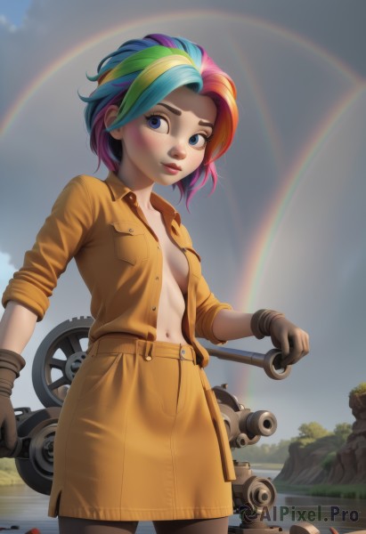 1girl,solo,breasts,looking at viewer,blush,short hair,blue eyes,skirt,shirt,gloves,navel,holding,closed mouth,blue hair,standing,pink hair,purple hair,pantyhose,multicolored hair,cowboy shot,small breasts,outdoors,green hair,open clothes,sky,day,artist name,cloud,water,stomach,two-tone hair,blue sky,lips,open shirt,no bra,makeup,buttons,watermark,lipstick,ground vehicle,web address,brown gloves,sleeves rolled up,personification,freckles,pocket,nose,unbuttoned,breast pocket,partially unbuttoned,rainbow,unbuttoned shirt,sleeves pushed up,wrench,rainbow hair,streaked hair,motor vehicle,rock,jumpsuit