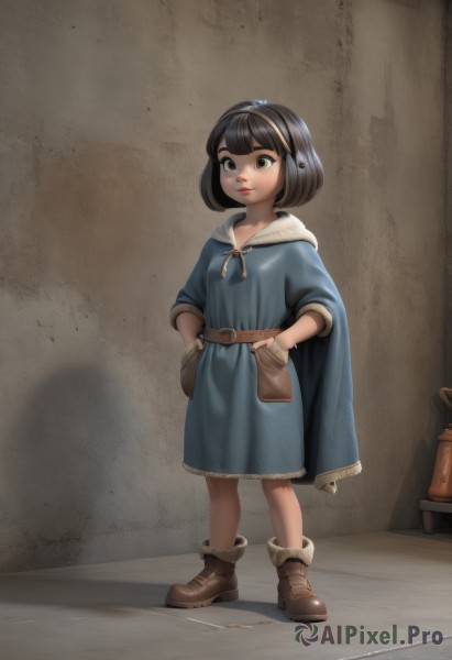 1girl,solo,short hair,bangs,black hair,dress,brown eyes,closed mouth,standing,full body,hairband,boots,belt,indoors,hood,cape,black eyes,lips,blue dress,brown footwear,bob cut,hood down,child,cloak,hands on hips,pouch,nose,hands in pockets,female child,ankle boots,brown belt,belt pouch,brown hair,fur trim,shadow,headphones,watermark,web address,earmuffs