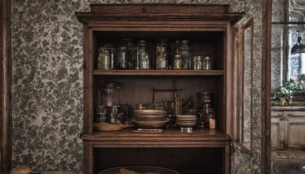 indoors,cup,no humans,window,table,bottle,plant,scenery,plate,wooden floor,lamp,shelf,vase,jar,still life,flower,day,chair,painting (object),candlestand,cabinet