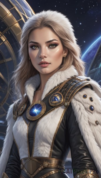 1girl,solo,long hair,breasts,looking at viewer,blonde hair,brown hair,brown eyes,jewelry,yellow eyes,upper body,earrings,parted lips,artist name,cape,lips,fur trim,makeup,gem,star (sky),starry sky,nose,space,leather,planet,fur hat,eyeshadow,freckles,fur collar,realistic,earth (planet)