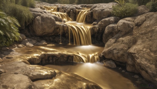 outdoors,day,water,tree,no humans,sunlight,grass,plant,nature,scenery,forest,rock,realistic,river,waterfall,stone,stream