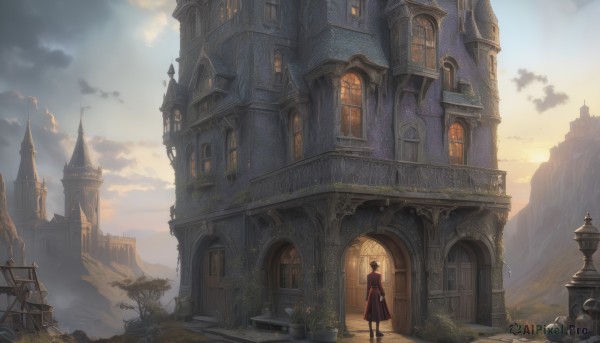 1girl,solo,short hair,black hair,long sleeves,dress,standing,boots,outdoors,sky,cloud,from behind,black footwear,tree,coat,window,sunlight,cloudy sky,grass,plant,building,scenery,sunset,stairs,mountain,fantasy,facing away,architecture,ruins,house,wide shot,bridge,tower,arch,chimney,blonde hair,flower,day,cape,light rays,rock,sun,potted plant,statue,landscape,sunrise