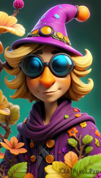 1girl,solo,looking at viewer,smile,short hair,blue eyes,blonde hair,1boy,hat,upper body,flower,male focus,blurry,witch hat,leaf,goggles,freckles,green background,purple headwear,mushroom,bangs,artist name,scarf,cape,gradient,gradient background,depth of field,watermark,facing viewer,robe,flipped hair,wizard hat