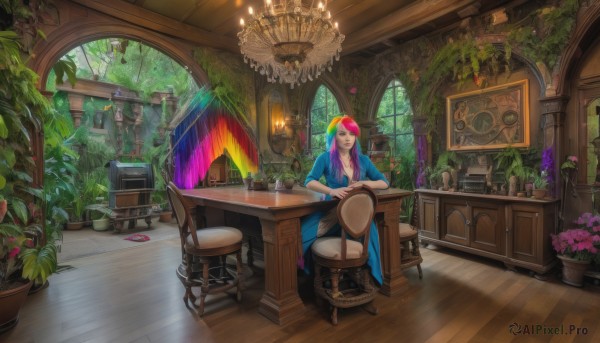 1girl,solo,long hair,breasts,looking at viewer,smile,blonde hair,cleavage,jewelry,medium breasts,sitting,collarbone,pink hair,purple hair,flower,multicolored hair,indoors,bracelet,tree,cup,window,makeup,chair,table,sunlight,bottle,plant,lipstick,scenery,wooden floor,potted plant,candle,stool,vase,colorful,painting (object),flower pot,wooden table,rainbow hair,blue hair,heart,necklace,two-tone hair,instrument